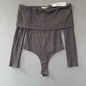 Ooh La Luxe Aria Off Shoulder Fold Over Long Sleeve Thong Bodysuit Medium